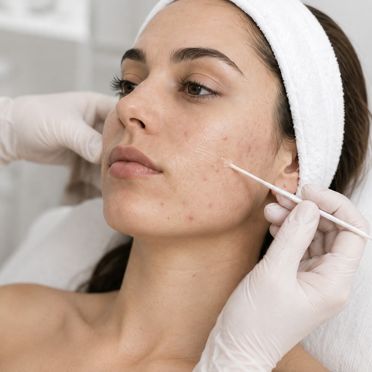 A gloved hand performing a targeted extraction on the cheek during a facial treatment