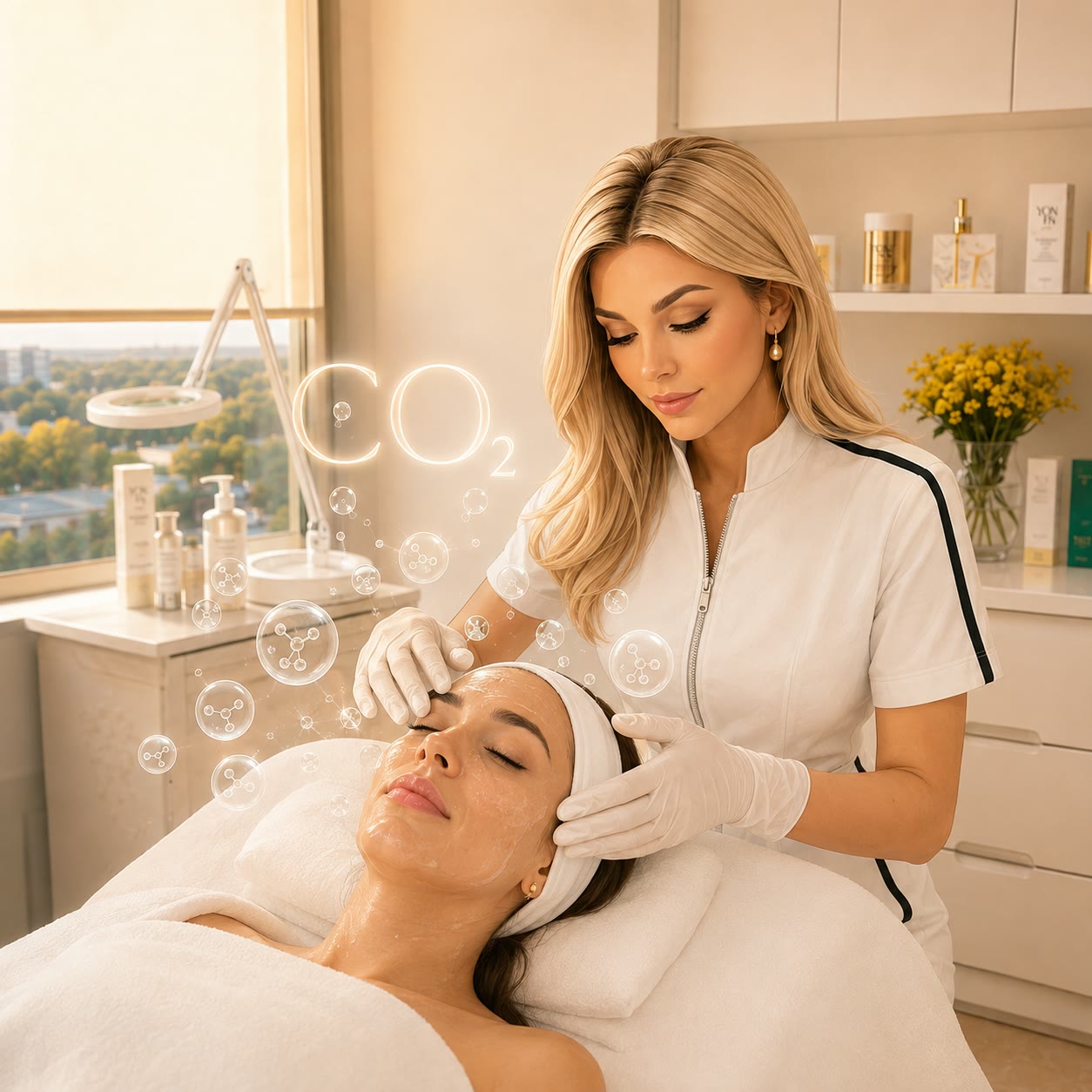 A gloved hand applying a treatment near the forehead during a facial