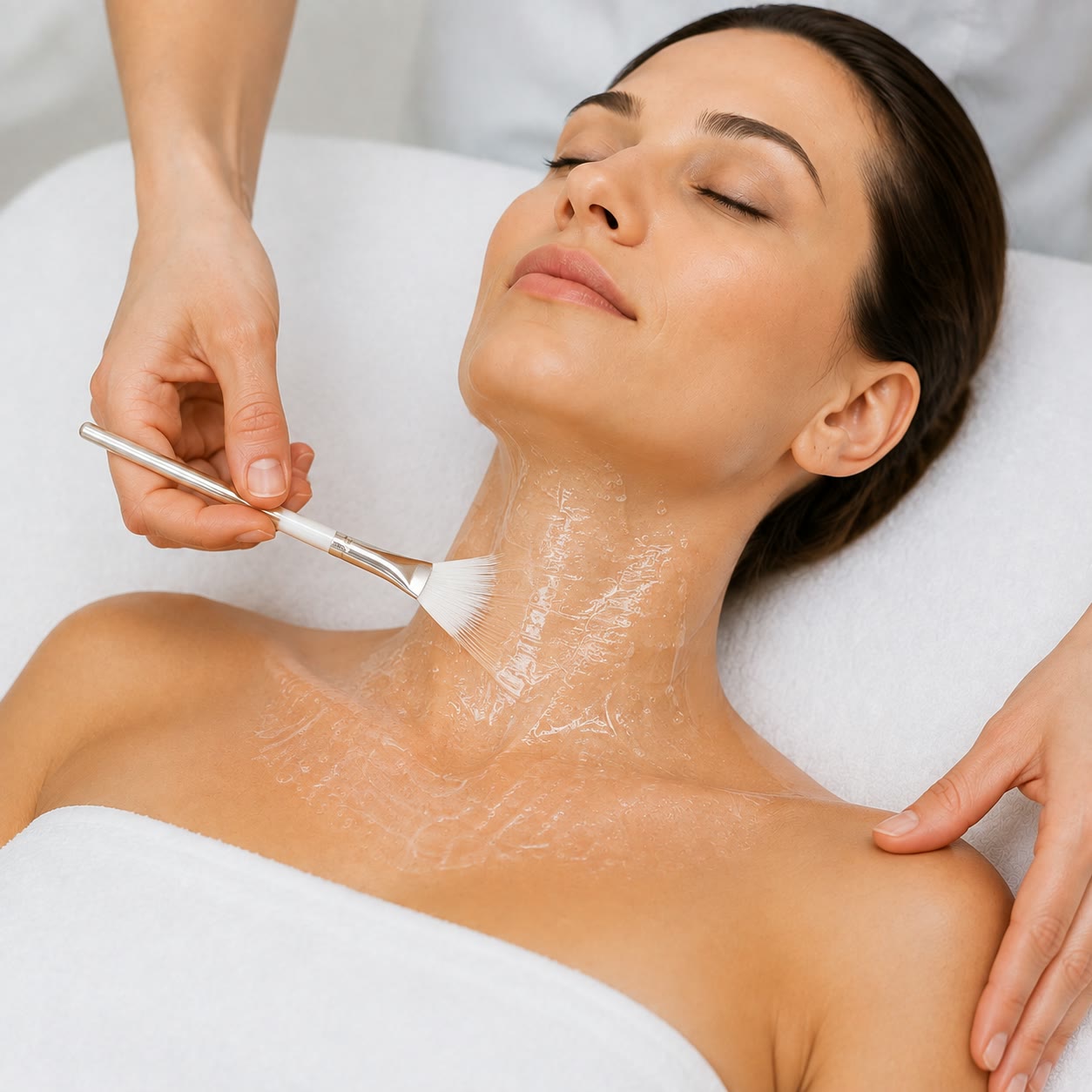 A gloved hand applying a treatment near the forehead during a facial