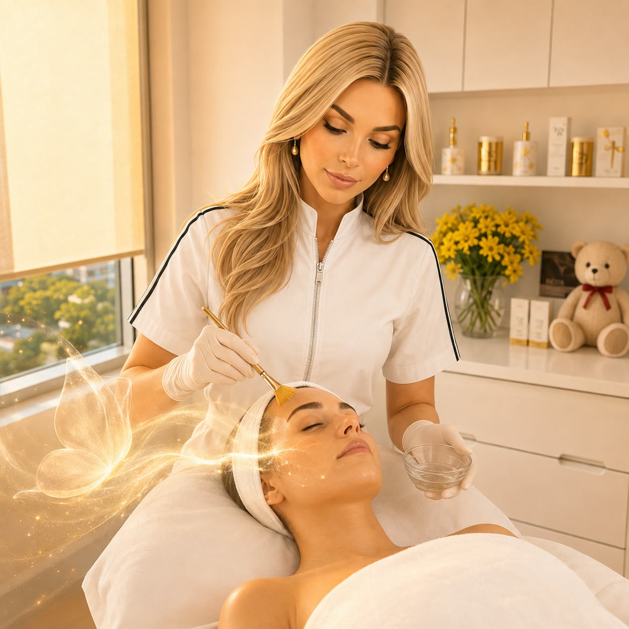 A brush applying treatment solution to the cheek during a facial
