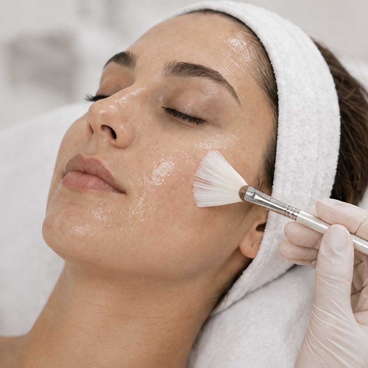 A fan brush applying peel solution to the cheek during a facial treatment
