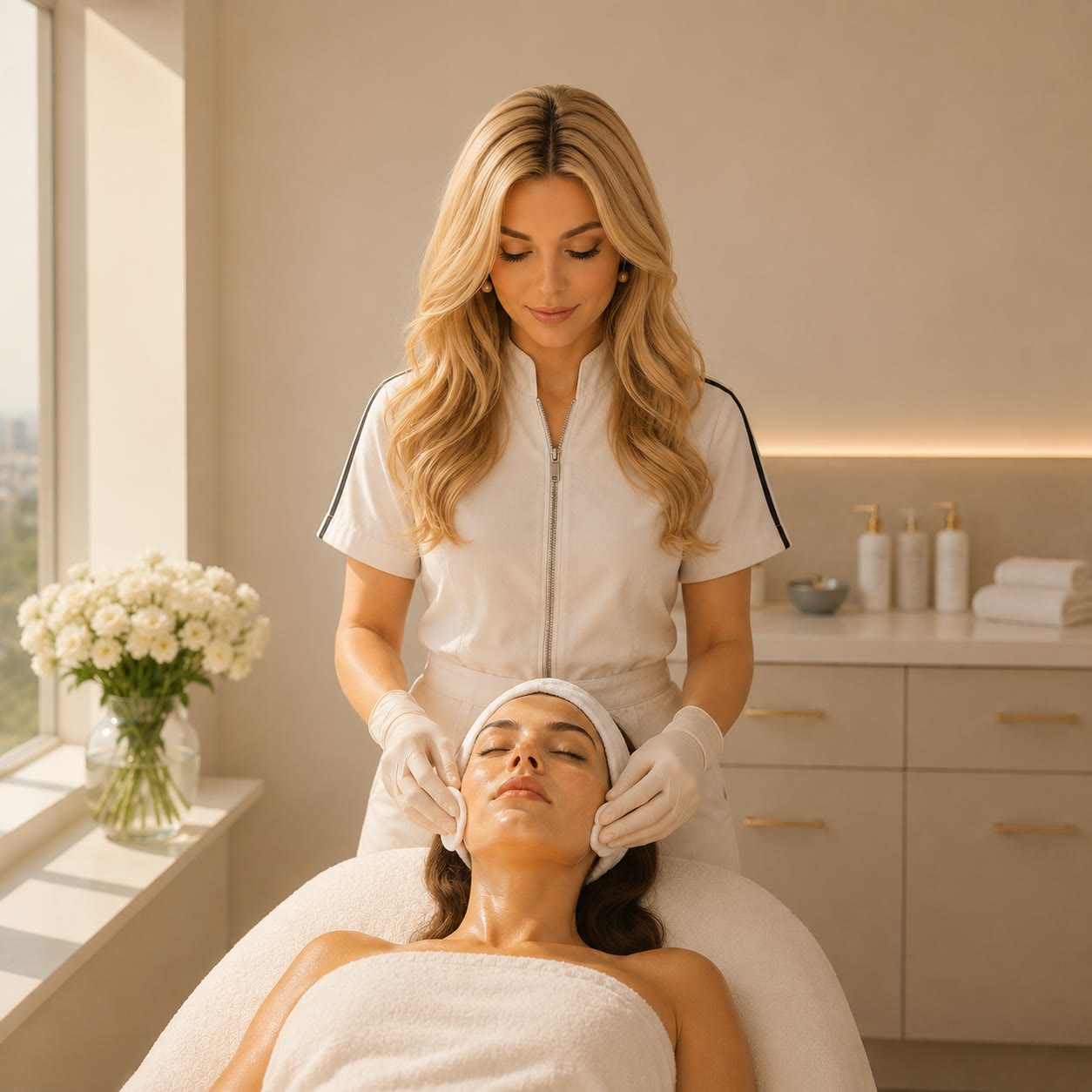 A cotton pad being used to cleanse the skin during a facial treatment