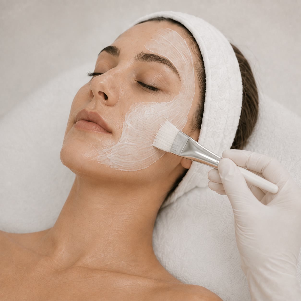A brush applying cleansing product to the cheek during a facial treatment