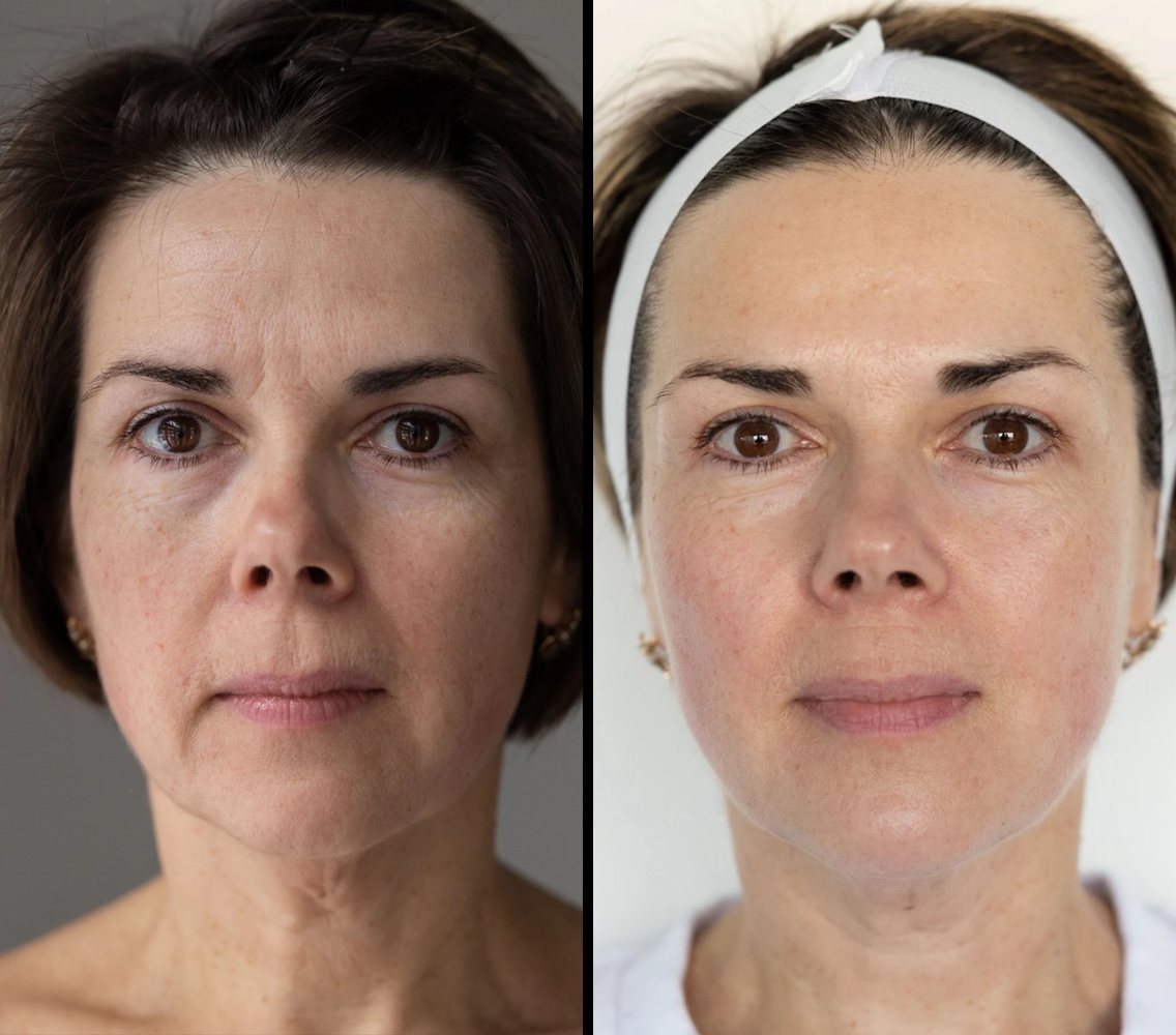 Before and after INOSSI Signature Facial Massage &mdash; side-by-side client photographs