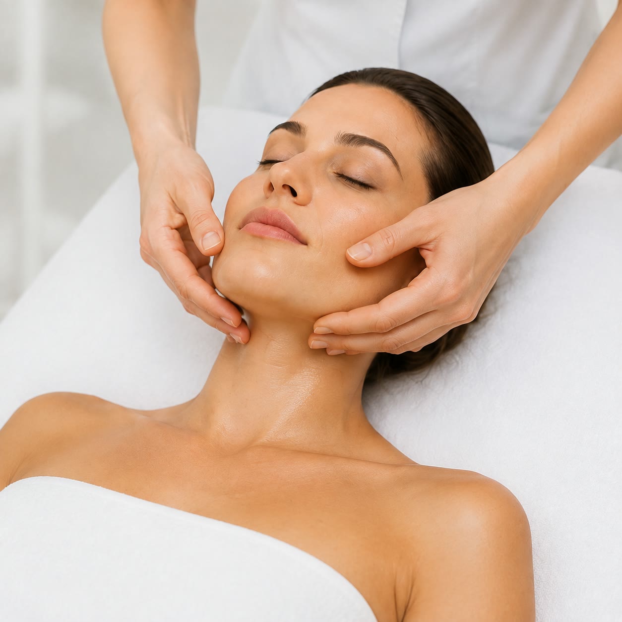 Hands cradling the cheeks during a sculpting facial massage