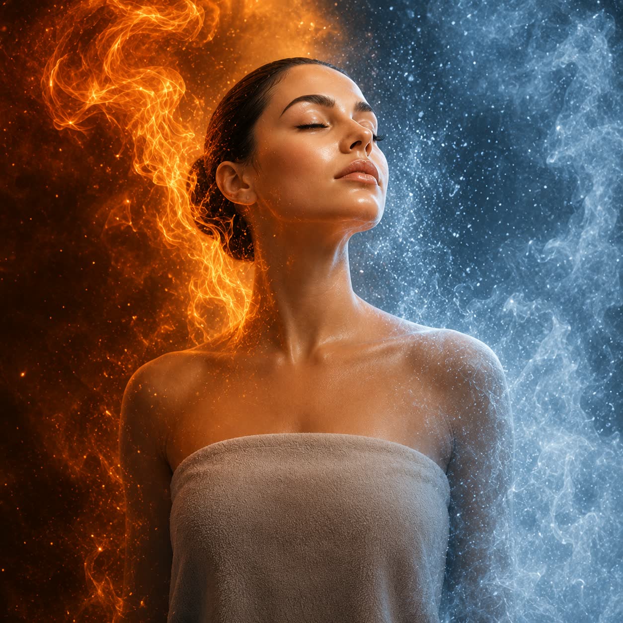 A stylized portrait representing warming and cooling sensations