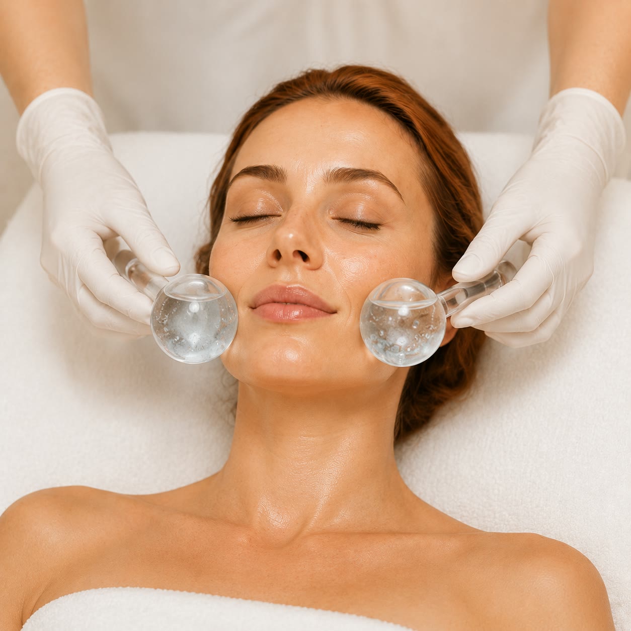 Cooling glass globes applied to the cheeks during a facial treatment
