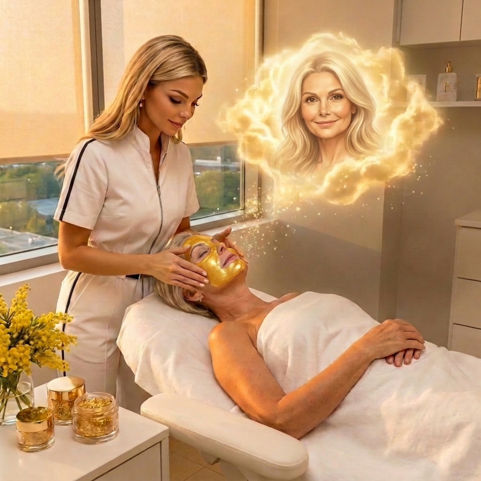 A gold treatment mask being applied to the face during a facial