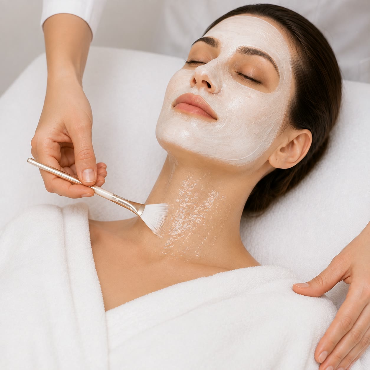 A client wearing a hydrating sheet mask while a treatment brush is applied to the neck