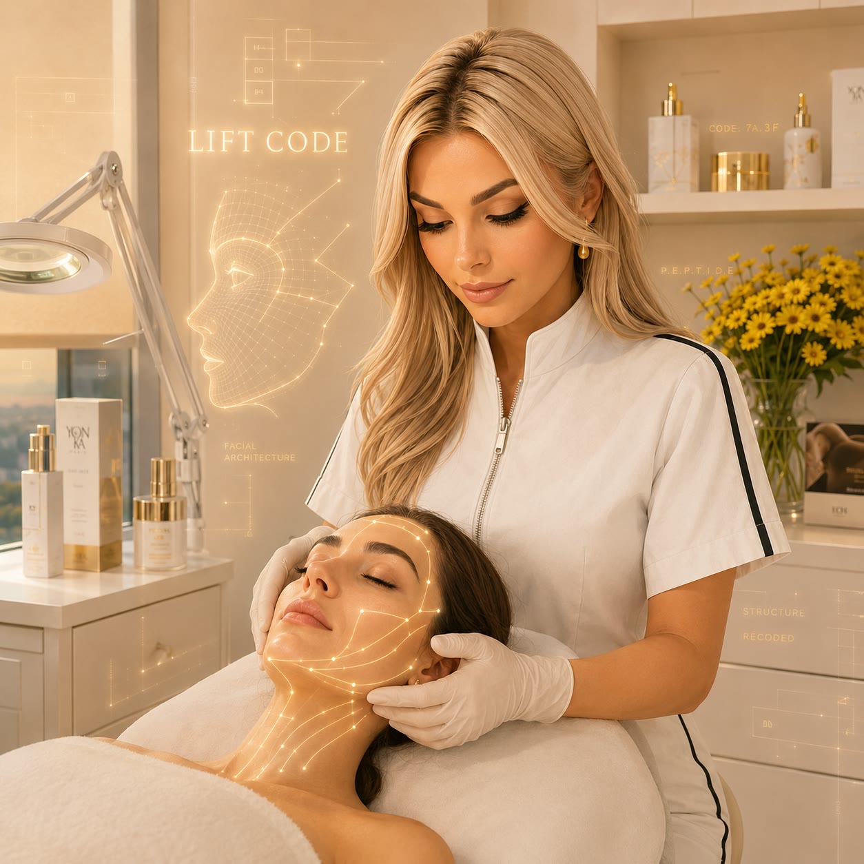 Hands framing the jawline during a facial treatment