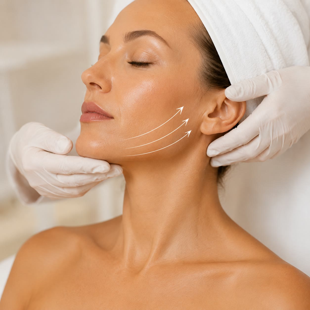 Hands framing the jawline during a facial treatment