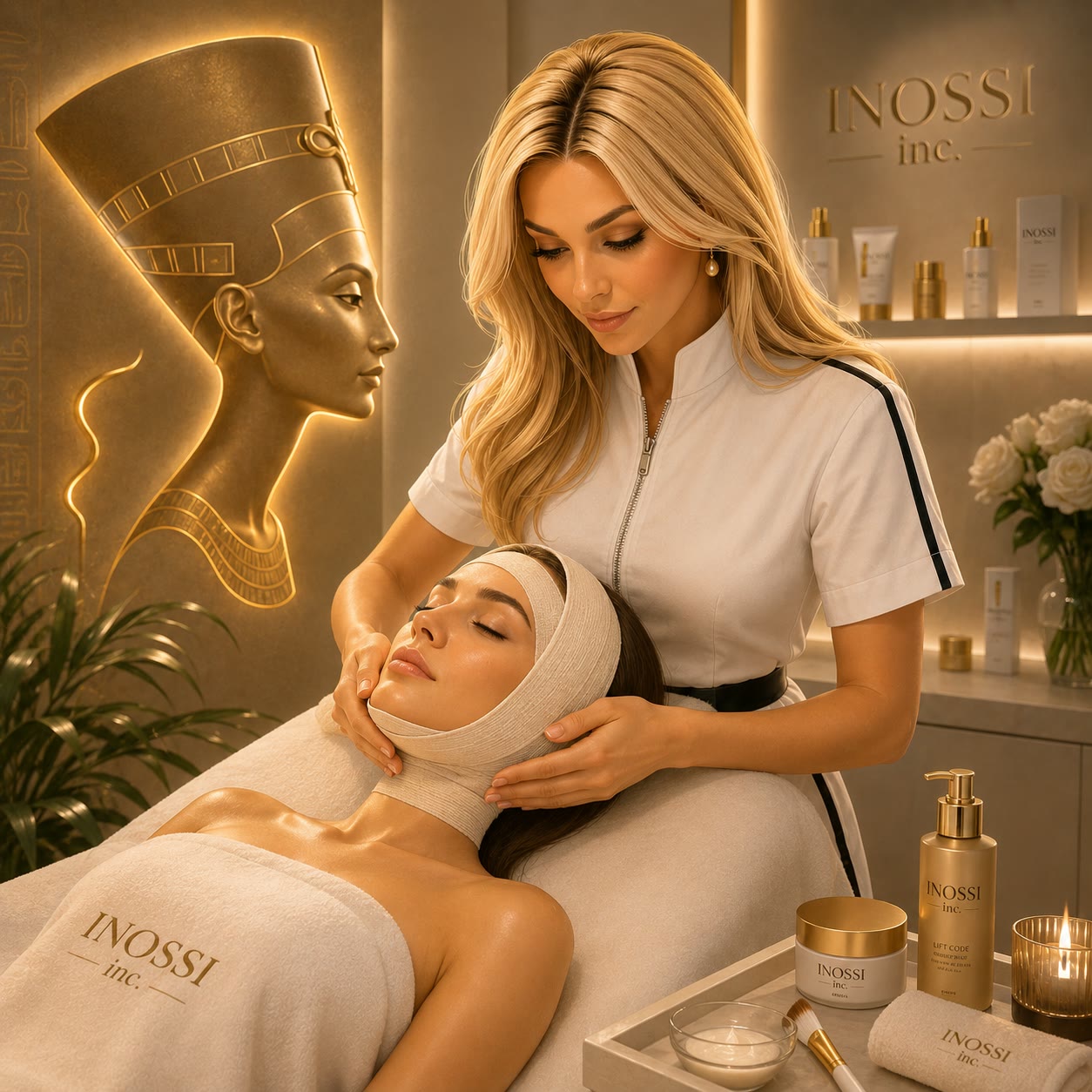 Client resting with a white sculpting bandage wrapped around the face and neck