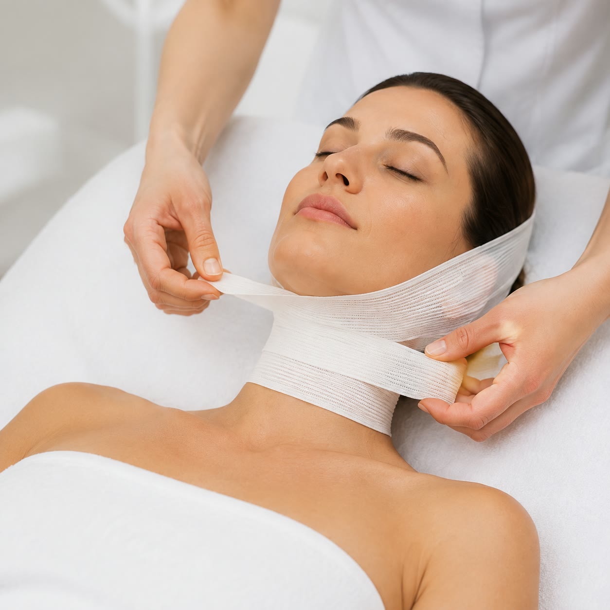 A sculpting bandage being wrapped around the face and neck during a facial treatment