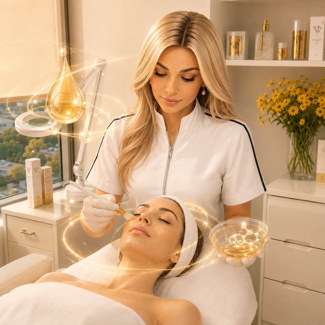 A brush applying treatment product to the face during a facial