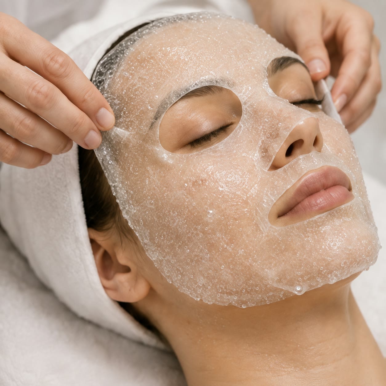 Hands peeling back a hydrogel sheet mask from the face