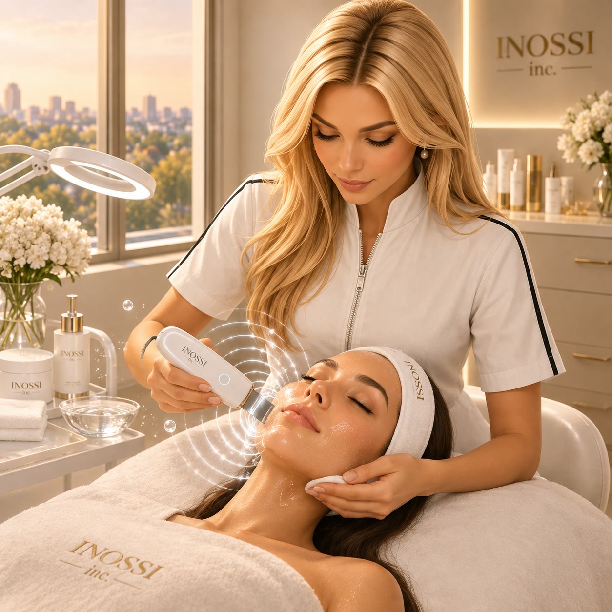 A handheld skincare device held against the cheek
