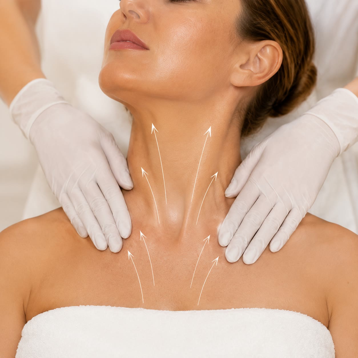 Hands resting along the neck and décolletage during a facial treatment