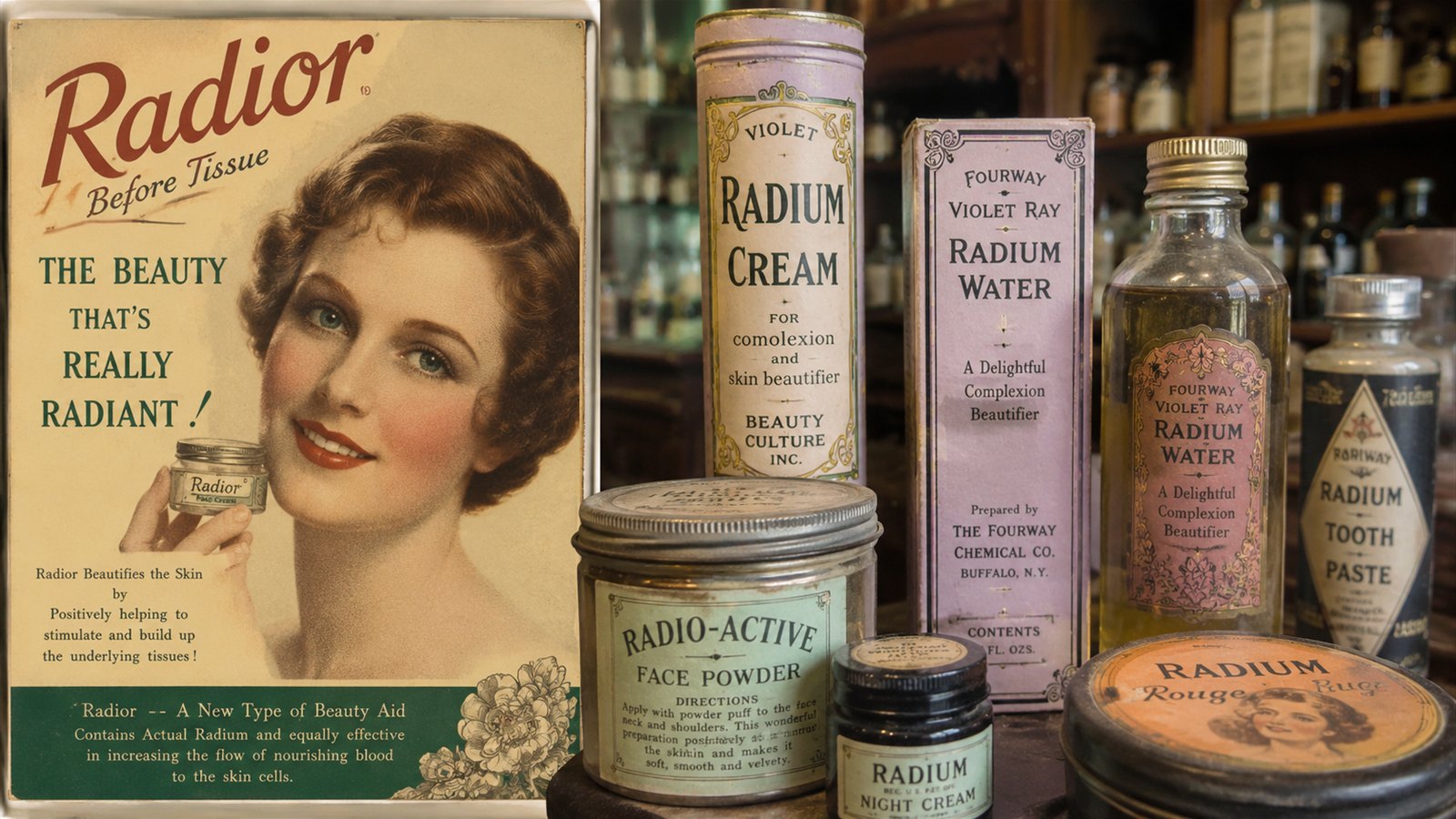Collection of vintage 1920s&ndash;30s radium beauty products, including Radior face cream, Radium Water and Radio-Active Face Powder