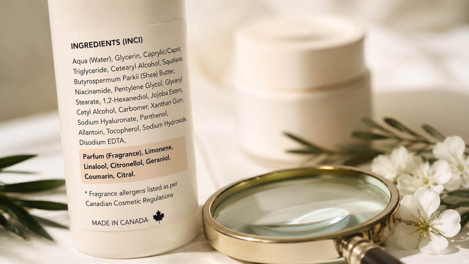 Close-up of a skincare ingredient (INCI) label being reviewed with a magnifying glass
