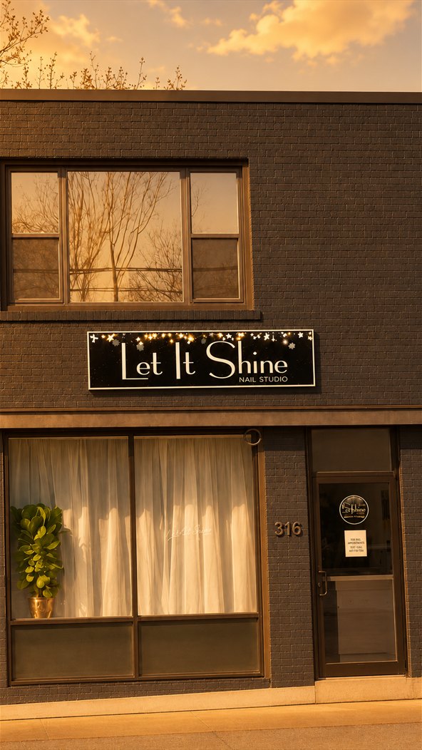 The Etobicoke studio entrance on Browns Line, in the building with the Let It Shine Nail Studio sign